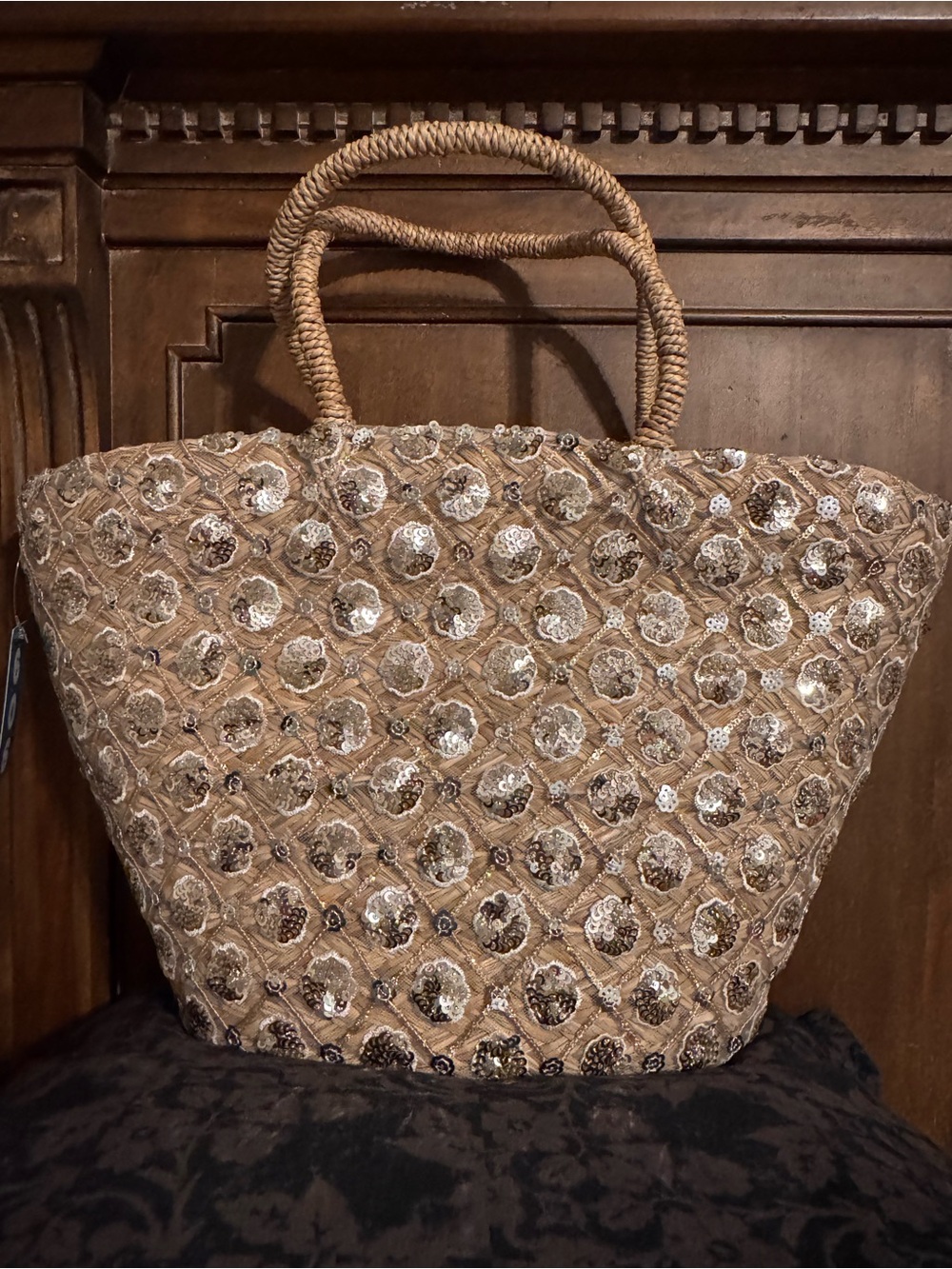 Sequin-Accented Woven Tote Bag in Tan and Gold